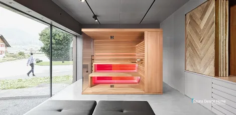 Finnische Innensauna mit Dampf in Minimal Stil Finnische Innensauna mit Dampf in Minimal Stil