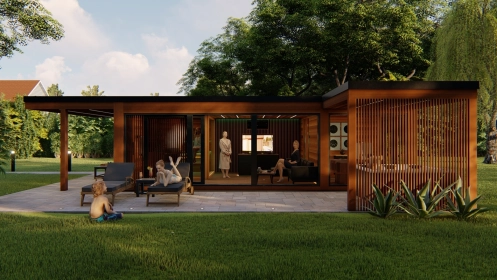 Wellness im Garten, Montage eines 60 m2 Saunahauses Wellness im Garten, Montage eines 60 m2 Saunahauses